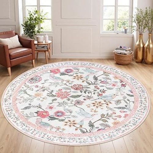 Pink Floral Round Rugs 6ft, Washable Boho Large Circle Rug for Living Room, Soft Non-Slip Botanical Nursery Circular Carpet, Modern Flower Birds Throw Rug for Kids Room Bedroom