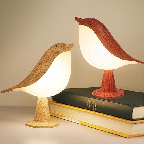 2 Cute Bird Lamps Combo,Small Bedside Lamps with 3 Color Temperature and Adjustable Brightness,Rechargeable Cordless Lamp for Bedroom Nightstand Bedside Table (Wood Tone + Red)