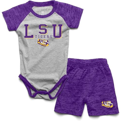 Wes and Willy Baby College Sports Fan Outfit One Piece Snap Suit and Short Set Cloudy Yarn Pattern