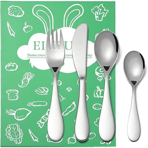 Kids Silverware Set, EIUBUIE18/10 Stainless Steel Metal Toddler Utensils, Safe Reusable Child Cutlery Flatware Includes Fork Knife Table Spoons for Eating(4 Piece, Mirror Polished)
