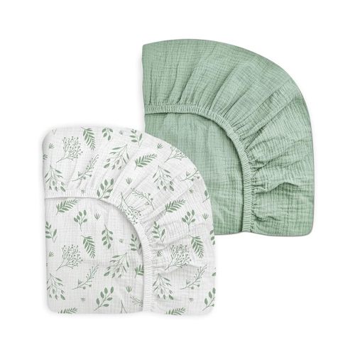 Mini Crib Sheets for Baby Boy Girl 2 Pack, Neutral Mini Crib Mattress Sheet 24" x 38", Muslin Nursery Bedding Soft and Breathable Comfort (Fern Leaf & Sage)