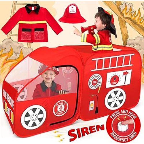 W&O Fire Truck Pop-Up Play Tent with Siren, Hat, Jacket & Hose