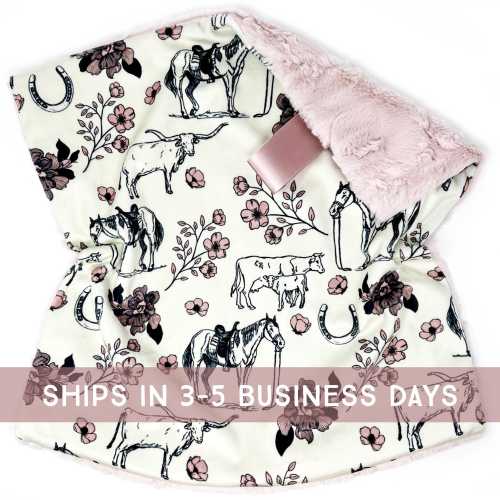 Lovey: Floral Horse and Cowboy Toile de Jouy. Western. Cowgirl. Horses. Cattle. Flowers. Steer. Cows. Mauve. Girl. Minky. Baby Gift. PYO.