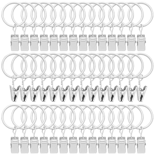 42 Pack Curtain Rings with Clips 1.26" Interior Diameter,Metal Drapery Ring with Clips Compatible with up to 1 inch Drapery Rod,Strong Vintage Decorative Rustproof Drapery Ring with Hooks(White)
