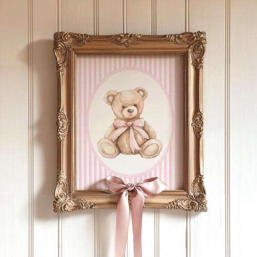 Pink Bear Nursery Print, Vintage Nursery Wall Art, Pink Vintage Prints, Girl Nursery Decor, Girl Vintage Nursery Pink Bow Nursery Print 150A
