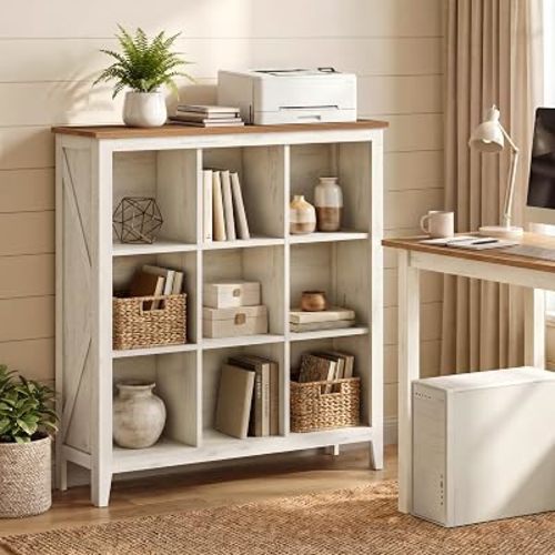 VASAGLE Liry Collection Farmhouse Bookcase, 9-Cube Storage Organizer with Legs, Adjustable Shelves, 38.6 x 11.6 x 41.3 in, for Home Office, Living Room, Cloud White and Warm Brown ULBC139W101S