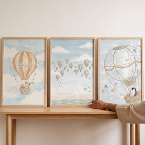 Watercolor Hot Air Balloon Wall Art Set of 3, Whimsical Animal Nursery Decor, Fox and Penguin Adventure, Baby Room Decor, 3 Piece Wall Art