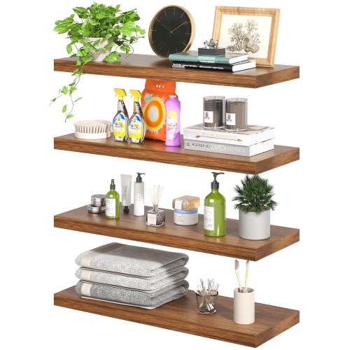 Cshidworld Floating Shelves Set of 4, 16" Bathroom Shelves Over Toilet with Invisible Brackets, Floating Shelf Wall Shelves with 22 lbs Capacity for Living Room/Bedroom/Kitchen/Office (Brown)