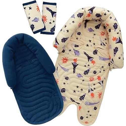 GoldBug Deluxe Duo Car Seat Head Support + Matching Strap Covers for Baby and Infant - Space Explorer