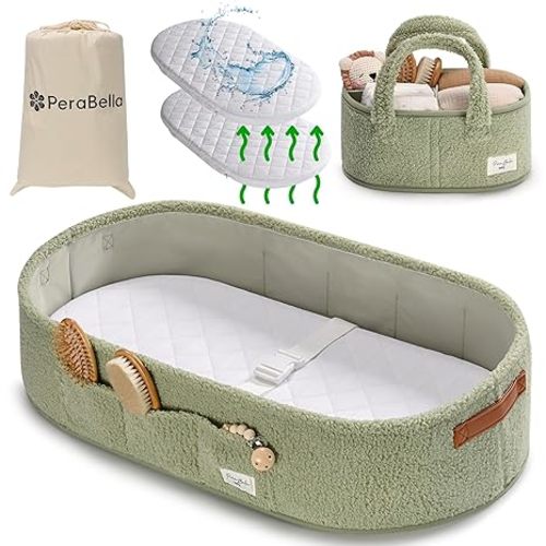 Baby Changing Basket for Dresser Top, Baby Moses Basket for Newborn, Portable Diaper Changing Pad Table Topper for Dresser, Includes Diaper Caddy Organizer with Handle, Moses Bassinet Mat | Plush Exterior