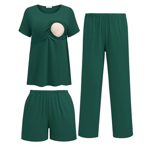 Ekouaer 3 Pack Postpartum Nursing Pajamas Breastfeeding Maternity Clothes | 3-Piece Set, Short Sleeve Shirts, Pregnancy Shorts & Pants, Soft Stretchy, Double Layer, Easy Breast Feeding Clothes