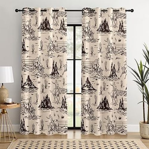 Western Cowboy Blackout Curtains – 100% Blackout Rustic Western Rodeo & Cowboy Design, Thermal Insulated Noise Reducing for Bedroom, Living Room & Man Cave (Desert Cowboy Sketch, W52xL84, 2 Panels)