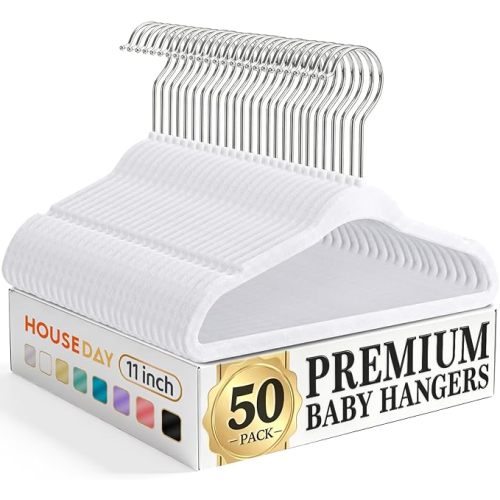 HOUSE DAY 11 Inch Velvet Baby Hangers 50 Pack White, Premium Kids Hangers for Children, Infant & Toddler Clothes, Durable Non Slip Small Baby Felt Hanger for Closet, Ideal for Everyday Use