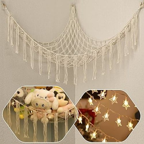 Stuffed Animals Net or Hammock with LED Light, 59 inch Toy Hammock Net for Stuffed Animals Corner Hanging Stuffed Animal Storage Stuffed Animal Holder for Nursery Kids Bedroom (White)