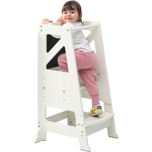 Toddler Kitchen Step Stool Toddler Standing Tower Toddler Step Stool Toddler Tower with Message Boards Safty Rail-Adjustable Kids Kitchen Step Stool for Kitchen Counter Bathroom Sink (Beige)