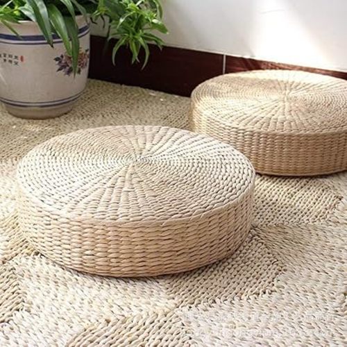 HUAWELL 2 Pack Tatami Floor Pillow Sitting Cushion Bigger Size,Round Padded Room Floor Straw Mat for Outdoor Seat (Dia: 19.7)