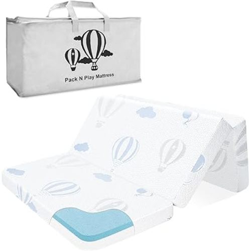 Trifold Pack and Play Mattress Pad, 38"x 26" Dual-Sided Memory Foam Pack N Play Mattress for Playpen Playard, Soft Breathable Balloon Printed Mini Crib Mattresses for Baby Toddler