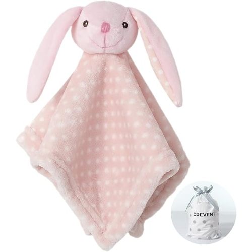 CREVENT Cozy Plush Baby Security Blanket Loveys for Baby Girls Boys, Stuffed Animal Ring Rattle Shaker Toy for Newborns (Bunny)