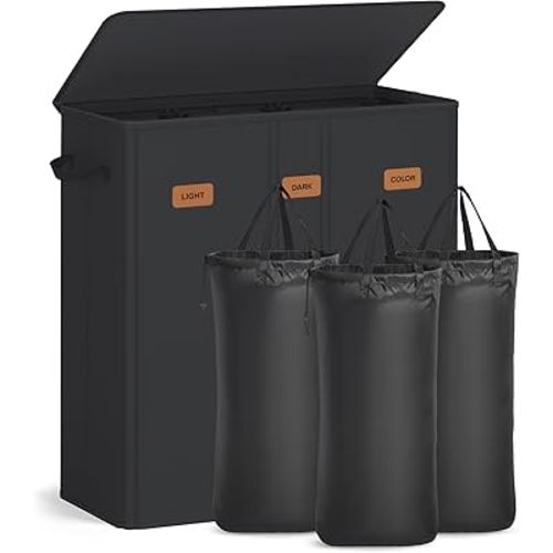 SONGMICS 47.6 Gallon (180 L) Laundry Hamper, 3-Compartment Laundry Basket Sorter with Lid, Labels, Removable Liner Bags, for Bedroom, Ink Black URLH013B01