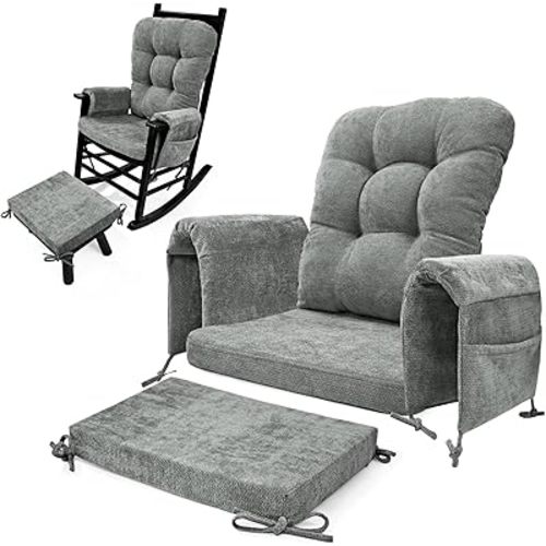 5 PCS Glider Rocker Replacement Cushions with Storage Side Pocket, Luxuriy Chenille Fabric Foam & Microfiber Filling, Thickened & Supportive Rocking Chair Cushion Set, Light Grey