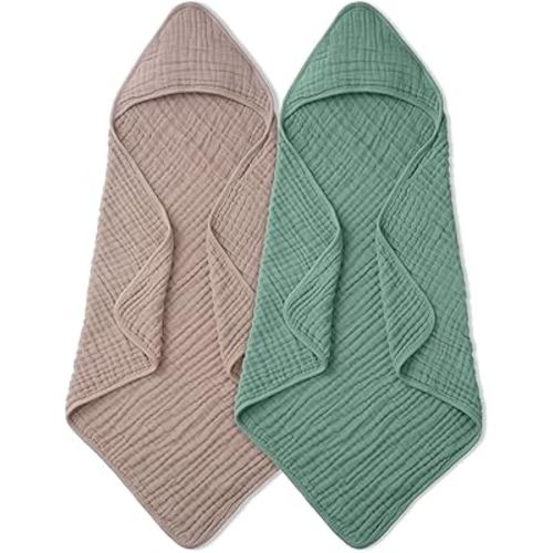 Blissful Diary Muslin Baby Hooded Towel 2 Pack, Soft & Absorbent Bath Towel for Infant, Toddler, Baby Gift, Newborn Essentials, Roman Green & Sand