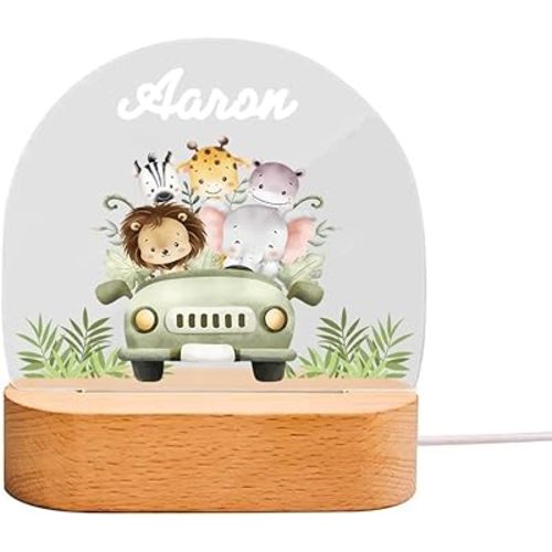 Sweet Personalized Animal Night Light for Baby and Kids, Design with Custom Name, LED lamp, USB Powered, Warm White Light, 5.9x7.1 Inch, addiotional Wooden Base