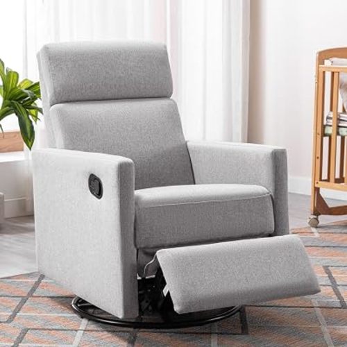 Majnesvon Linen Recliner Gliders for Nursery, Lazy Rocker Recliner Chair & Swivel Reclining Sofa Chair with Adjustable High Back, Upholstered Cushions,Metal Base (Gray)