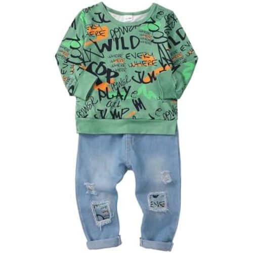 Toddler Baby Boy Clothes Fall Winter Outfits Long Sleeve Letter Printed Sweatshirt Pullover Tops + Jean Pants Set