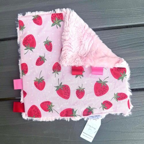 Handmade Strawberry Baby Lovey with Tags, Soft Pink Fruit Minky Sensory Security Blanket Mini, Personalized Baby Shower Newborn Girl Gift