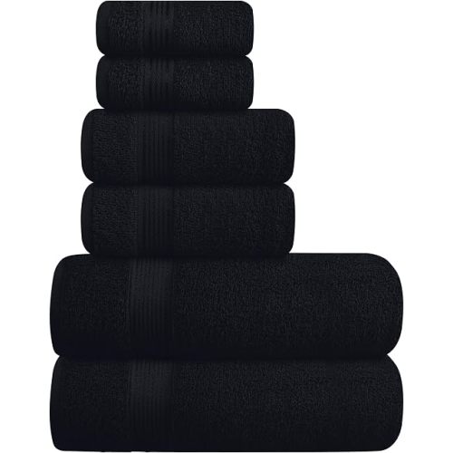 Ultra Soft 6 Pack Cotton Towel Set, Contains 2 Bath Towels 28x55 inch, 2 Hand Towels 16x24 inch & 2 Wash Coths 12x12 inch, Ideal for Everyday use, Compact & Lightweight - Black