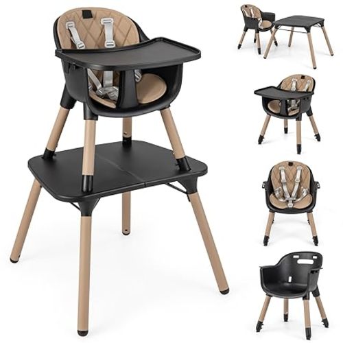 HONEY JOY 5-in-1 High Chair, Convertible Highchair for Babies and Toddlers/Kids Chair Table Set/Infant Feeding Chair w/Safety Harness, PU Leather Cushion & Removable Food Tray (Coffee)