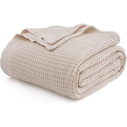 Bedsure 100% Cotton Beige Blanket Queen Size for Bed - Cooling Breathable and Soft for Summer, Thick Cozy Waffle Weave Blanket Gifts for Women, 90x90 Inches