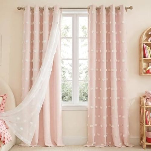 NICETOWN Pom Pom Pink Curtains for Kids Room 84 inches Long, Room Darkening Double Layer Sheer Thermal Drapes Grommet Window Treatments for Girls Bedroom/Nursery, W52 x L84, 2 Panels