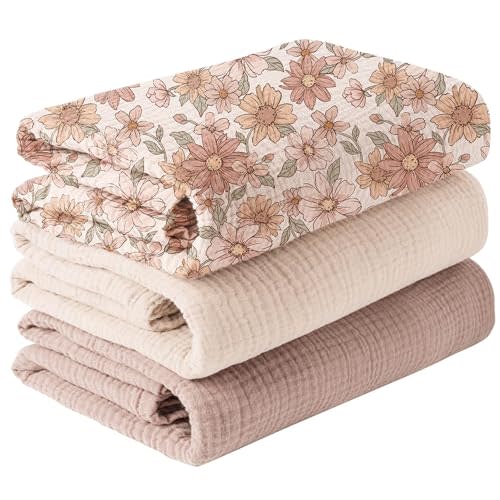 Konssy 3-Pack Muslin Baby Swaddle Blankets, 47 x 47 in Receiving Blankets | Large Size, 100% Cotton, Ultra Soft & Breathable, Multi-Use Swaddles for Boys & Girls, from Newborn to Toddler