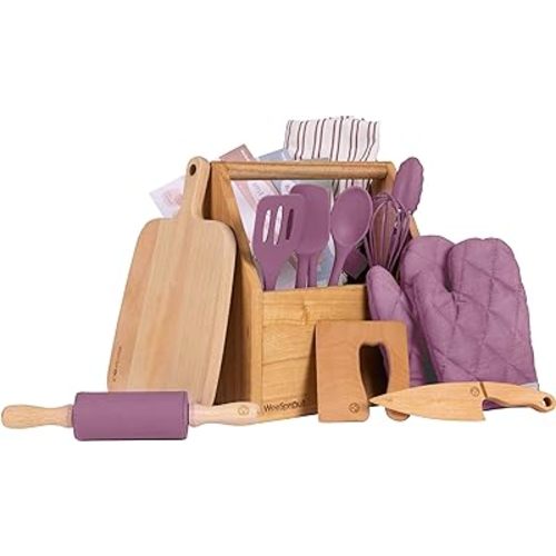 WeeSprout Little Chef Kids Cooking & Baking Set, 14 Piece Cooking Set with Real Kitchen Tools & Kids Apron, Baking Gift for Girls, Boys & Junior Chefs, Food Grade Materials, Choice of Colors