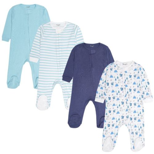 Everyday Kids 4-Pack Baby Boy Sleepers with Zippers – Soft Cotton Footed Pajamas in Blue Solids, Stripes, and Woodland Animals with Foxes and Bears