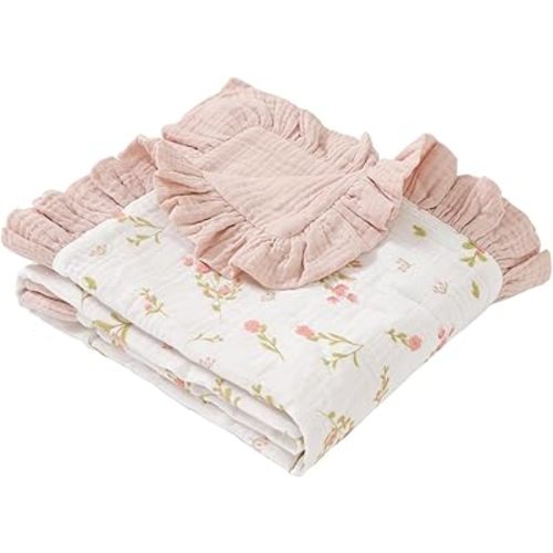 Flounce Muslin Baby Blanket - Cotton Quilt Blankets for Toddlers - Reversible Nursery Crib Blanket for Baby Boys and Girls 36"x40" (Pink)
