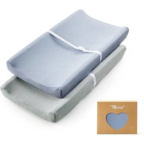 TILLYOU Muslin Changing Pad Cover for Baby Girls Boys, Soft and Breathable Cotton Diaper Changing Table Cover, 2 Pack(Grey&Blue)