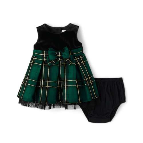 Baby Girls Matching Family Plaid Velour Fit And Flare Dress - Green