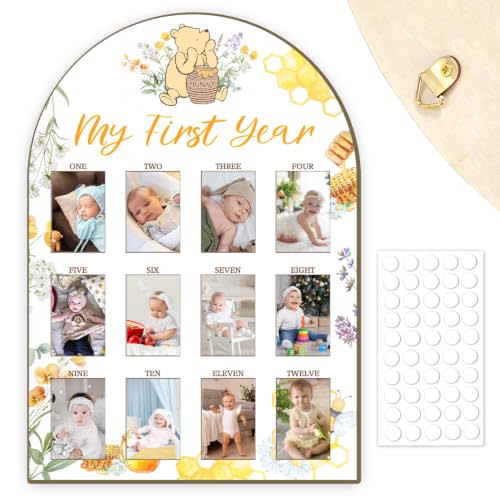 Sweet Winnie Baby First Year Picture Frame,Wooden Milestone Display,1st Birthday Decorations,the pooh Honey Pot Themed Arch Board,Vintage Baby Nursery Room Decor,Keepsake Gifts for New Parents