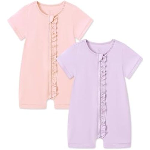 JunNeng Baby Boy Girl Pajamas 2 Pack Rayon from Bamboo Summer Sleeper Infant Short Sleeve Zipper Footless One-piece Romper
