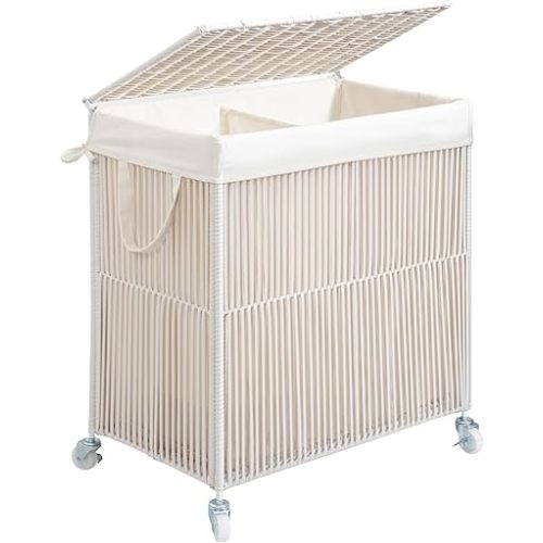WOWLIVE Laundry Hamper with Wheels, Handwoven Rolling Laundry Basket with Lid, Clothes Hamper with Divided Removable Liner Bag, 115L Large Laundry Sorter Laundry Room Organization, Creamy White
