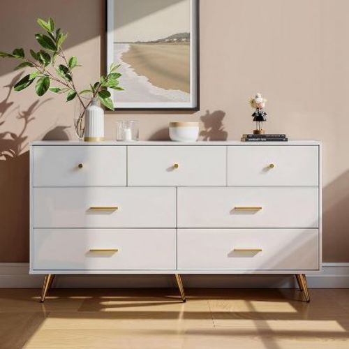 RISOKEYS 7 Drawer Dresser,High Gloss Dresser with Golden Metal Handles,Chest of Drawers with Wide Drawers for Bedroom,Living Room,Hallway,White