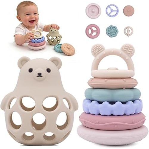 Baby Bear Teething & Stacking Toy Set - Teething Toys Silicone Teethers, Soft Baby Stacker Rings Teether, Learning Toy Gift for Boys and Girls 6+ Months (Beige)