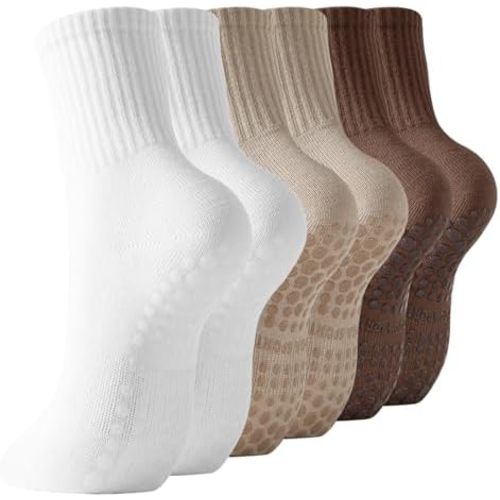 BONANGEL Pilates Socks with Grips for Women, 3 Pairs Womens Grippy Yoga Ballet Barre Hospital Gym Athletic Socks