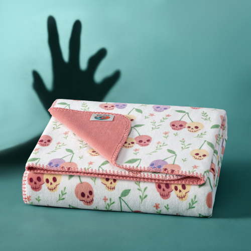 Boo-tique Soft Throw Blanket, Reversible Fleece Plush Blanket, Halloween Skull Cherries, White, 50" x 72"