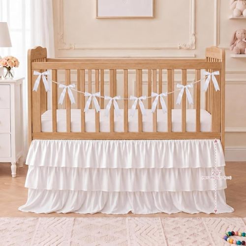 Extra Long White Ruffled Crib Skirt with 8 Pcs Cot Bow