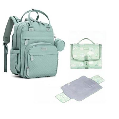 BabbleRoo Premium Bundle Original Diaper Bag Backpack & Vegan Leather Changing Pad, Spacious & Stylish, Green Birdy Pañaleras Para Bebe