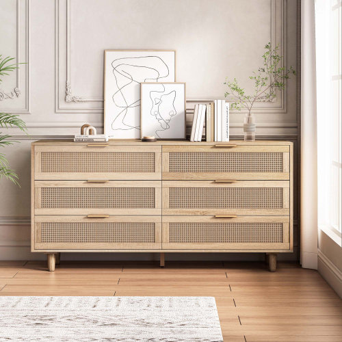 Bay Isle Home™ Abagayle 59'' Wide 6 - Drawer Dresser Rattan Bedroom Dresser Wood Dresser & Reviews | Wayfair