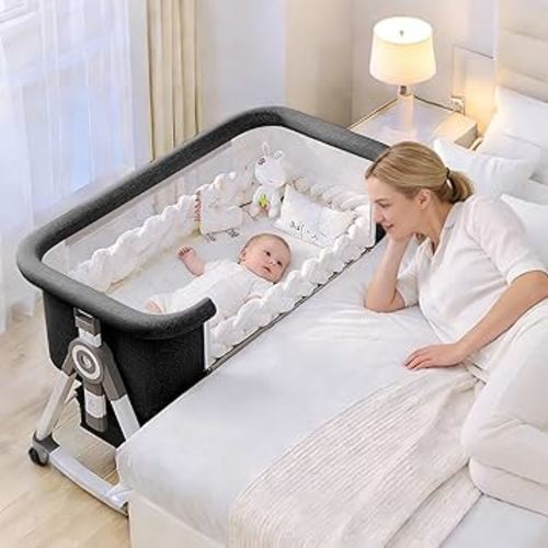 Baby Bassinet,3 in 1 Baby Bassinets Bedside Sleeper with Wheels and Mosquito Net,Bedside Bassinet for Baby with Comfy Mattress, Mattress&Breathable Mesh,Storage Basket